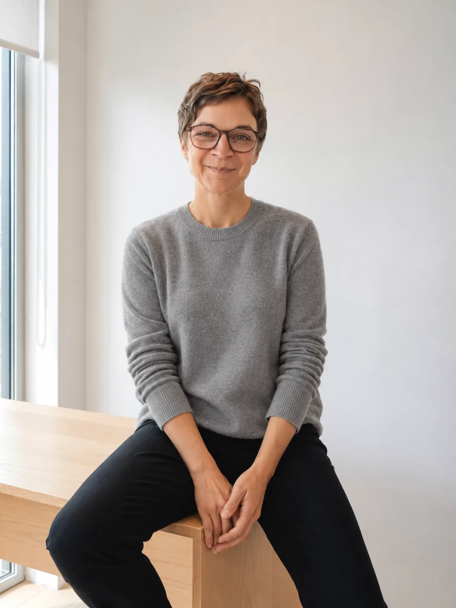 Prof. Carina Benstoem, sitting on a wooden desk in a grey sweater