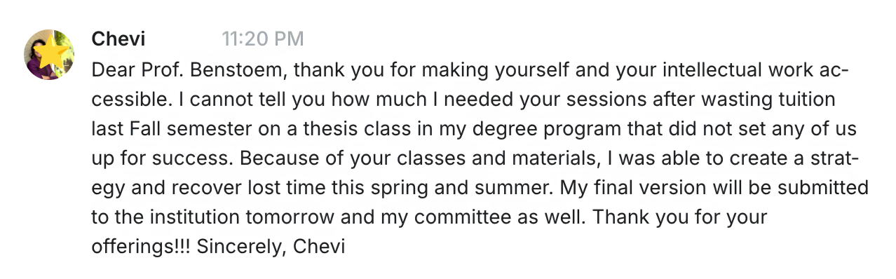 Chevi: after wasting tuition on a thesis class, I recovered lost time. My final version will be submitted tomorrow.